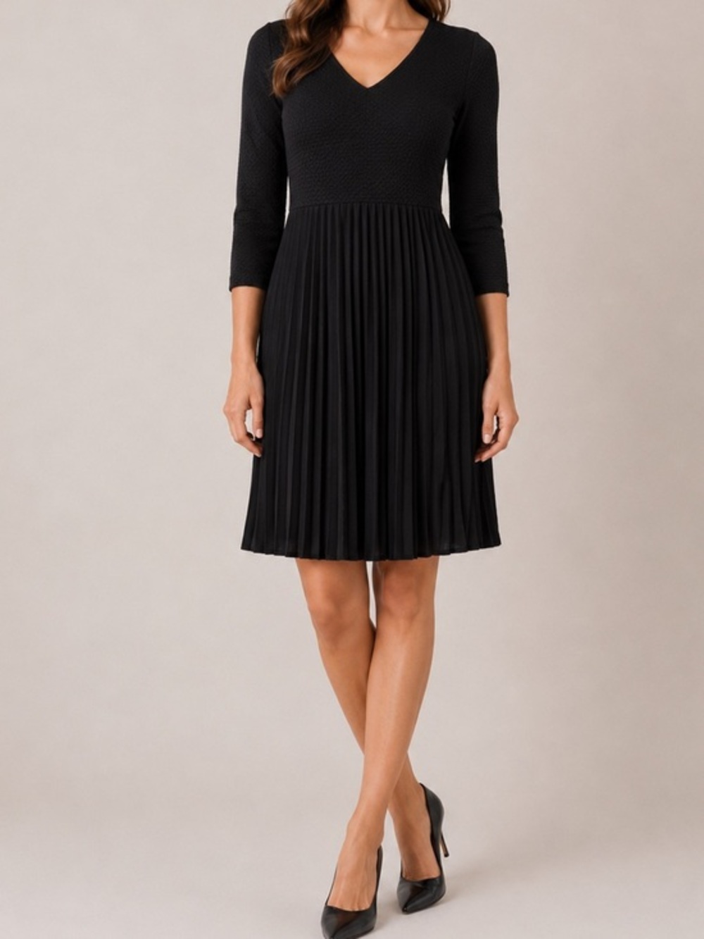 Ganni Fulton Black Textured Ribbed Pleated V-Neck Mini Dress